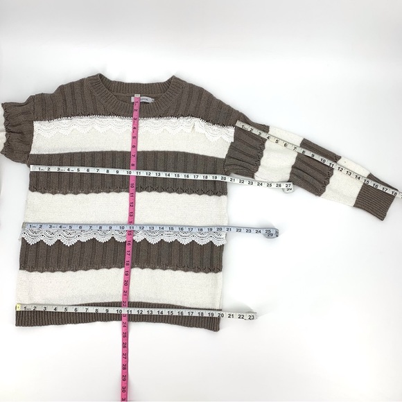 MISSLOOK Taupe and Cream Striped Long Sleeve Sweater with Lace Accents, Medium - Picture 14 of 15